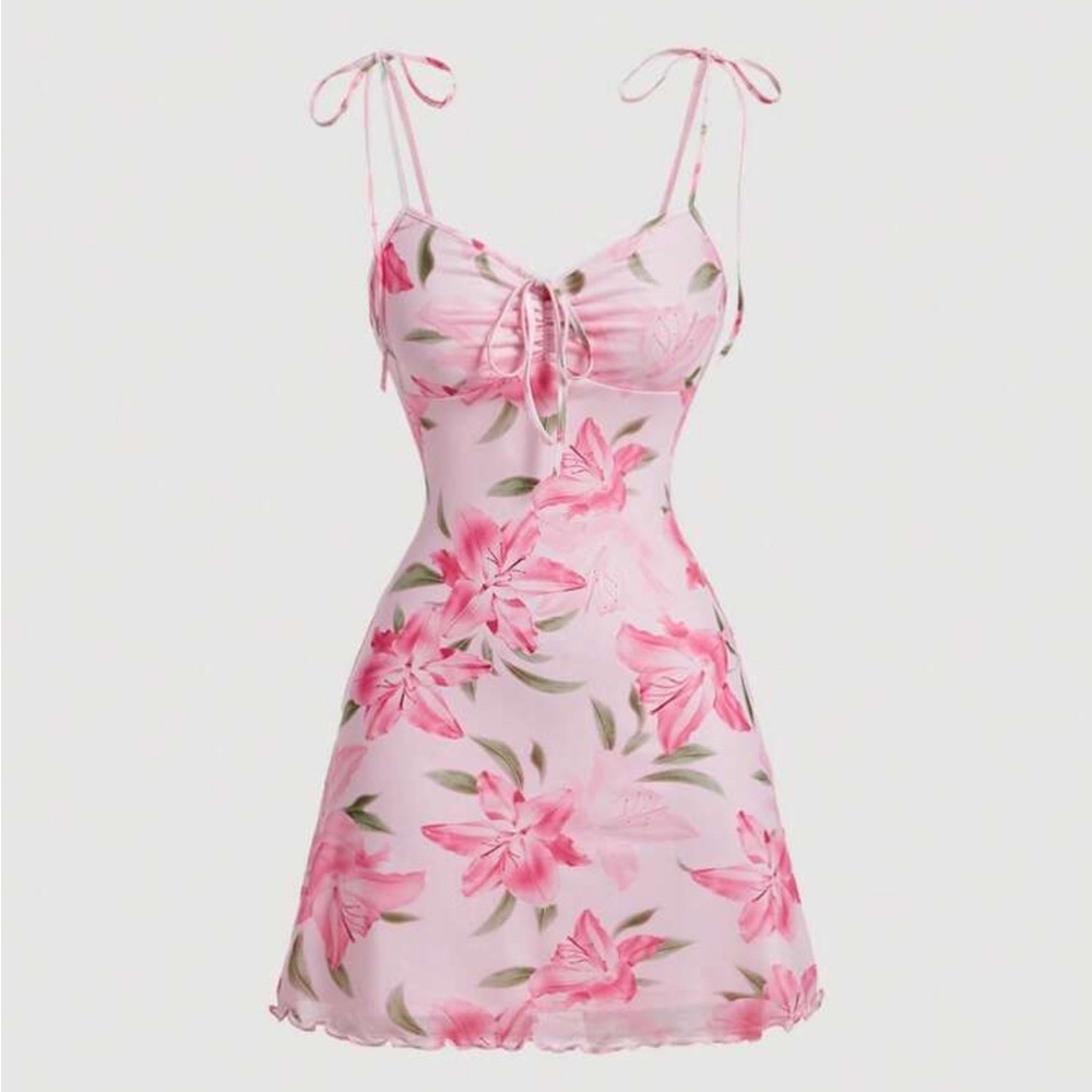 Pink Floral Dress with Spaghetti Straps and A-line Silhouette